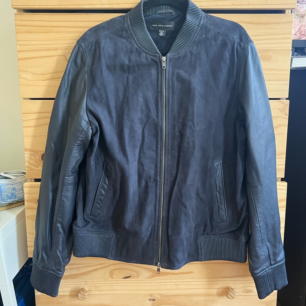 Navy Blue Leather Bomber Saks Fifth Avenue L